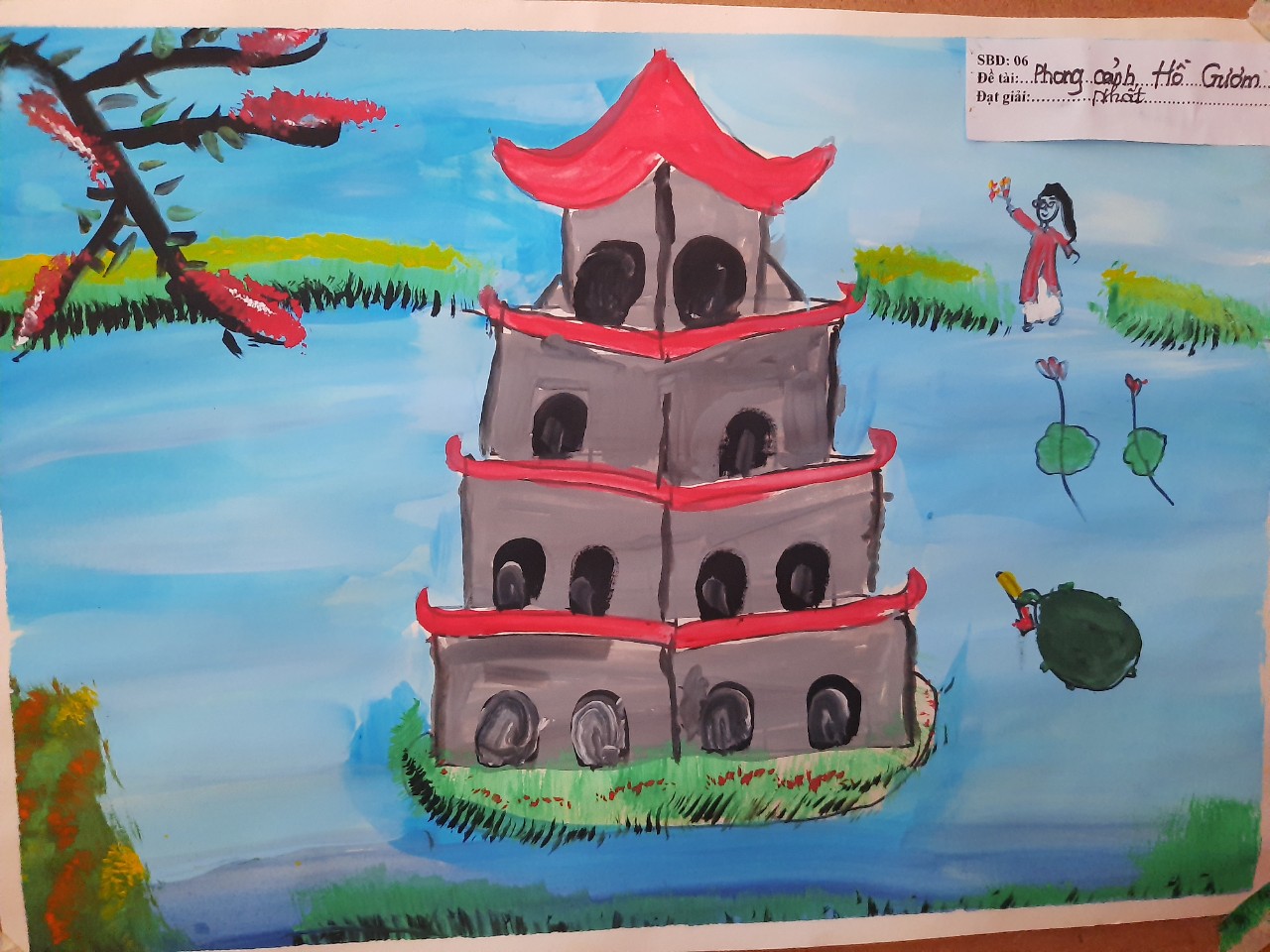 Bài của cháu Lê Xuân Luận- Lớp 5 tuổi A1- Đề tài Hồ gươm- Đạt giải nhất thể loại vẽ khối 5 tuổi