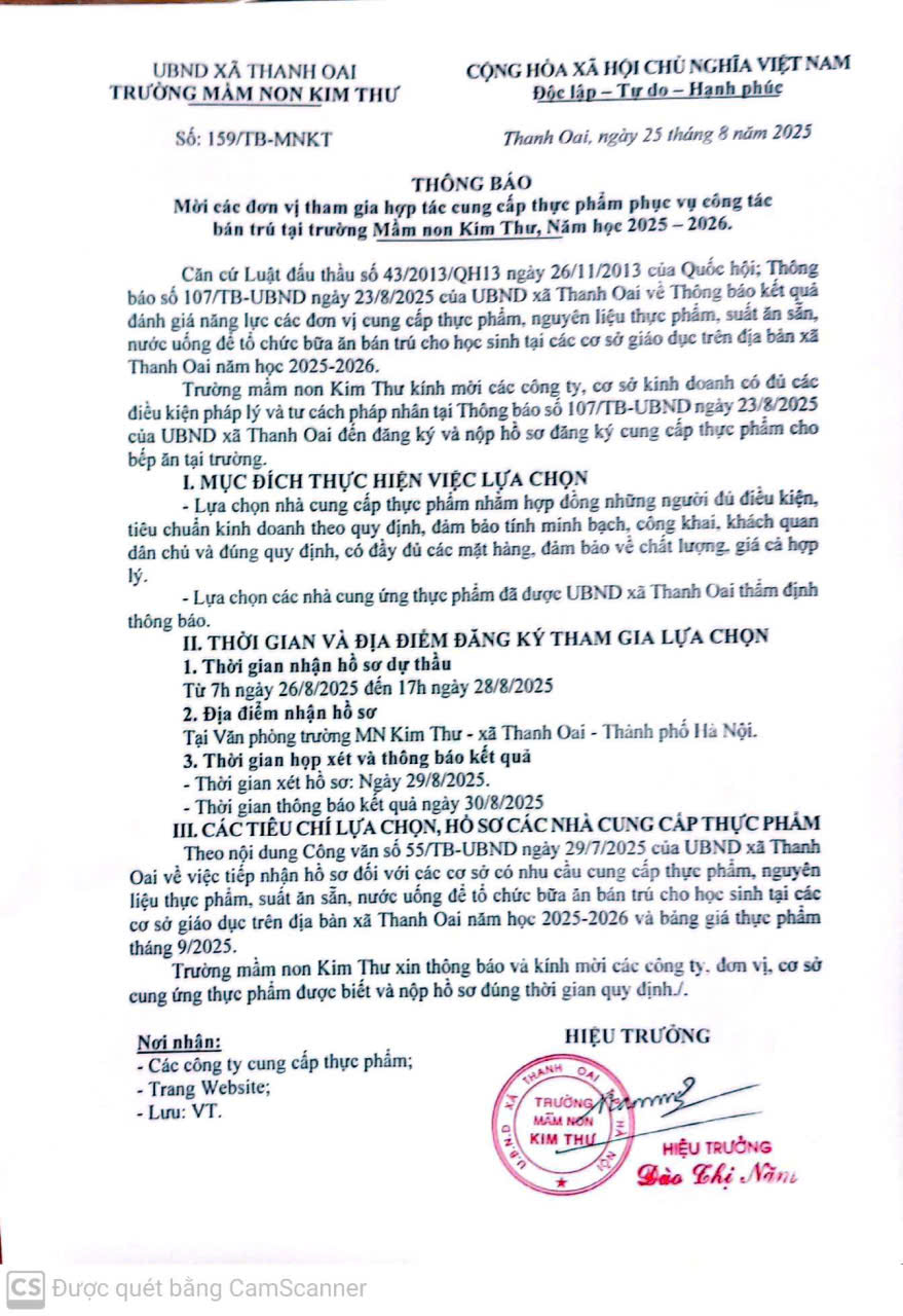 THÔNG BÁO MỜI CÁC ĐƠN VỊ THAM GIA HỢP TÁC CUNG CẤP THỰC PHẨM PHỤC VỤ CÔNG TÁC BÁN TRÚ TẠI TRƯỜNG MẦM NON KIM THƯ NĂM HỌC 2025 2026