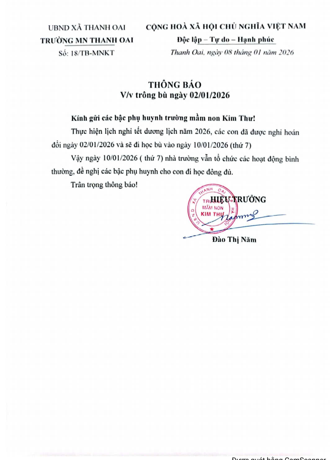 Trường MN Kim Thư trân trọng thông báo lịch dạy bù 02/01/2026