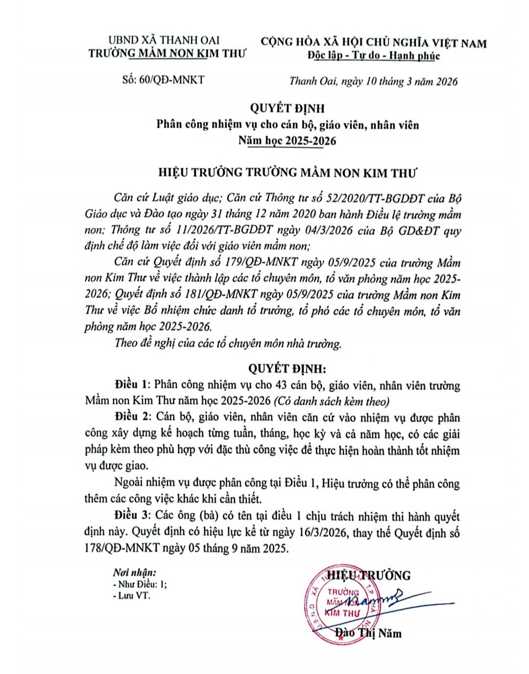 Trường MN Kim Thư trân trọng thông báo: Quyết định và danh sách phân công nhiệm vụ Cán bộ giáo viên nhân viên theo Thông tư 11/2026/TT-BGD ngày 04/3/2026
