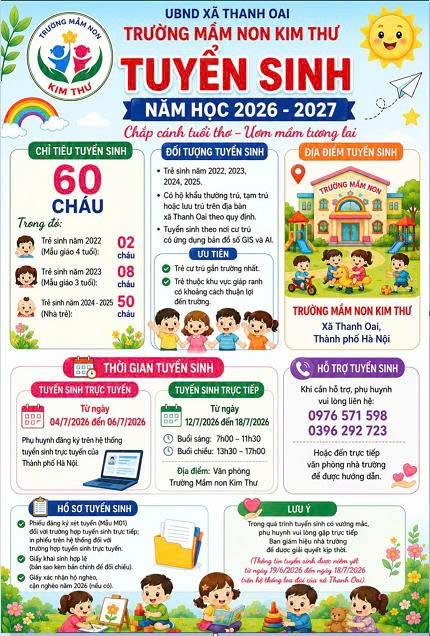 Trường Mầm non Kim Thư trân trọng thông báo Tuyển sinh  - Năm học 2026 - 2027